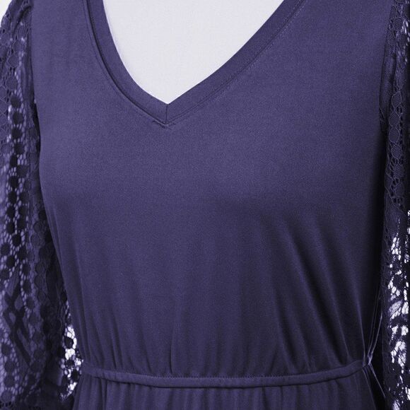 NWT Romantic Elegant Lace Lantern Sleeve A Line Cut Out Swing Skater Navy Dress - Picture 12 of 16